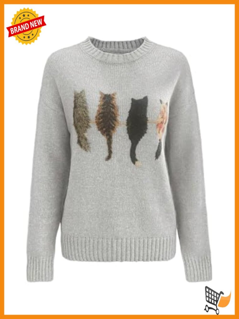 Cat Graphic Sweater Long Sleeve Crew Neck Knit Pullover Top - Picture 2 of 5